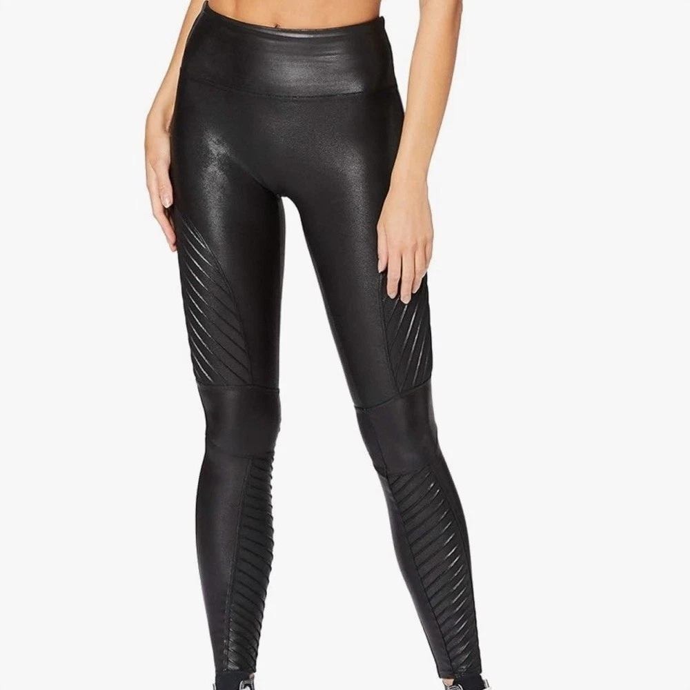 Spanx Faux Leather Moto Leggings Very Black High Waist Textured Ribbed XS